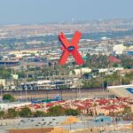 Red X in Juarez, Mexico as seen from downtown El Paso, TX USA